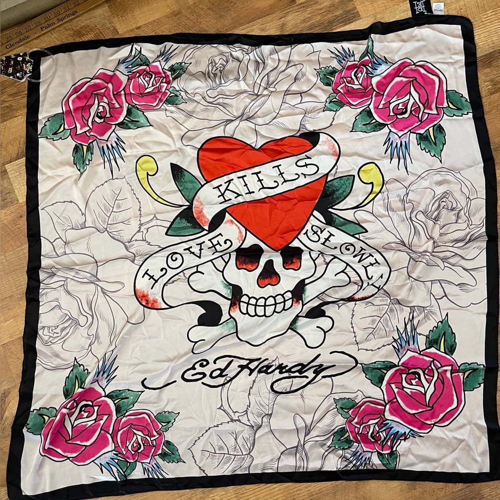 Ed Hardy Red and Pink Skull Scarf